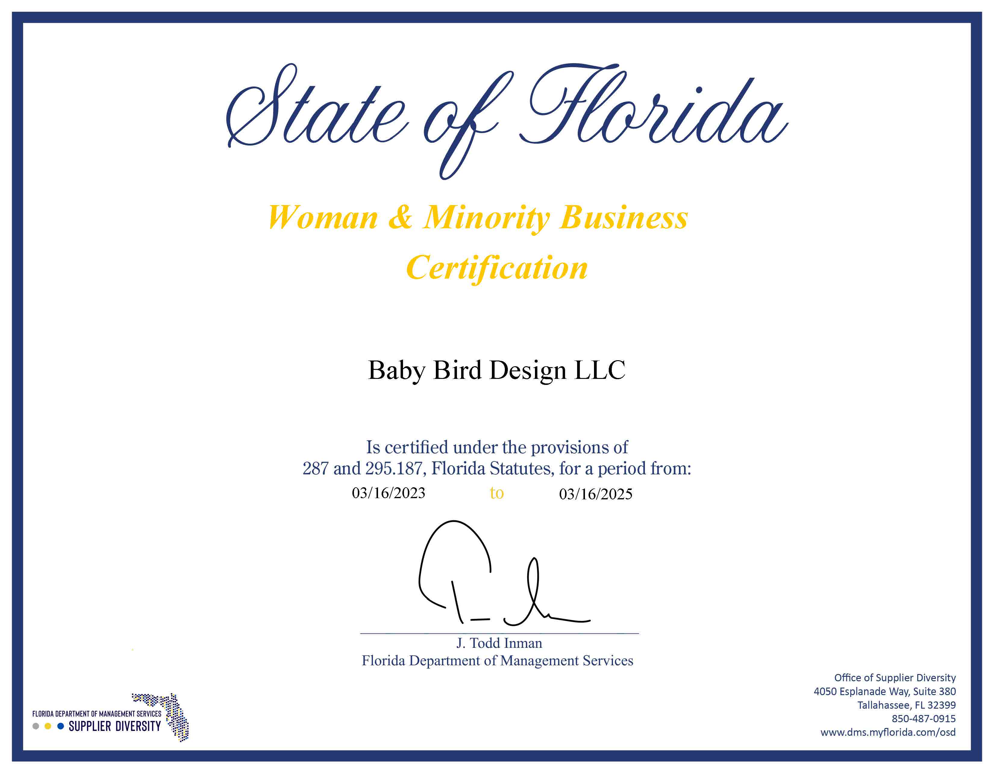 State of Florida certifying Baby Bird Design as a woman-owned, minority business